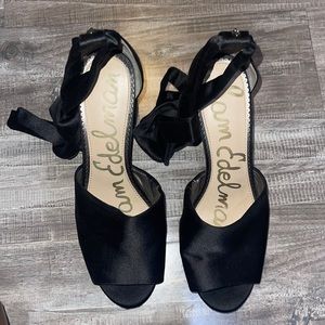 Black open toe ankle strap heels